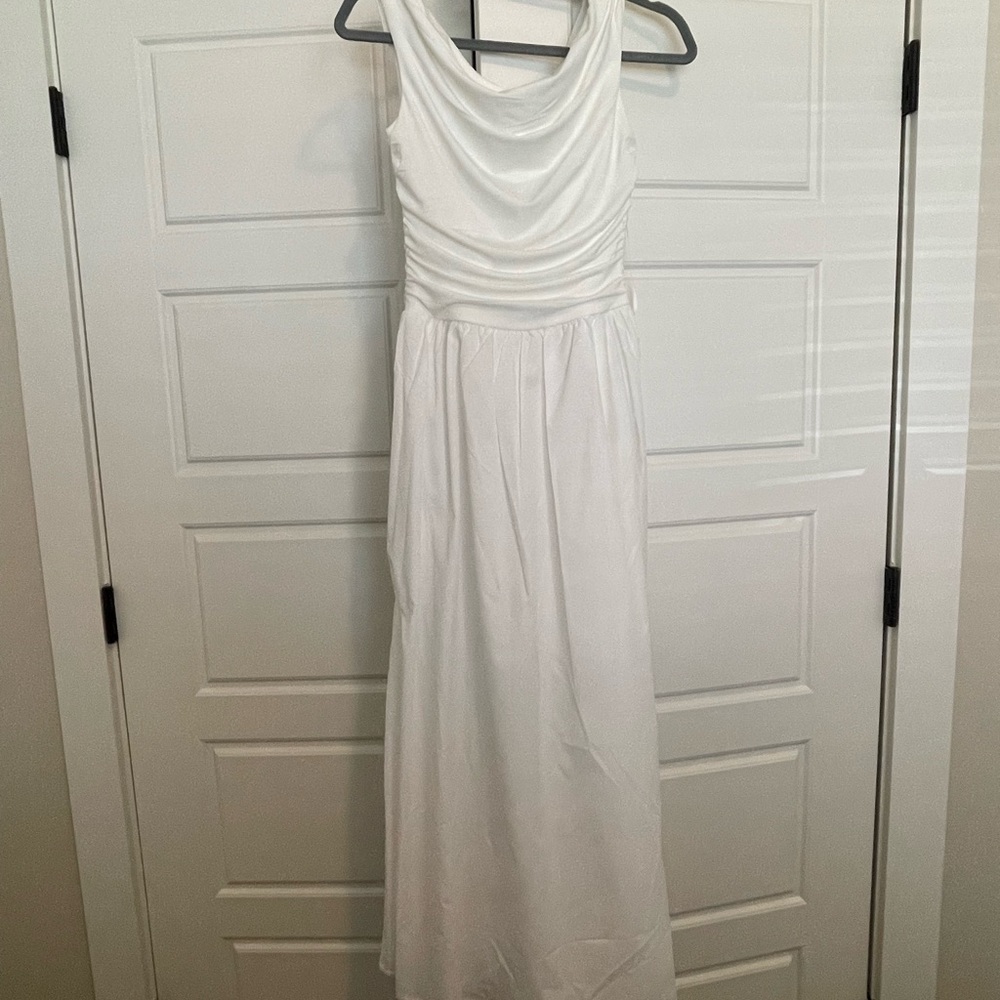 Elegant White Sleeveless Maxi Dress with Draped Bodice Billy J. Boutique